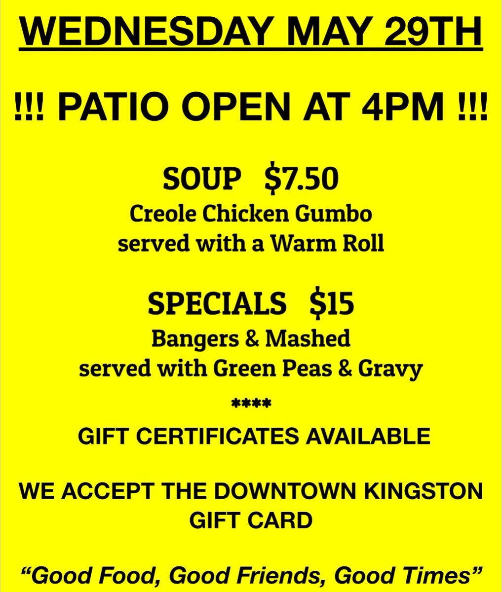 !!! #PATIO OPEN AT 4PM !!! 

#goodfood at #themothership 
#OPEN TUES - SUN, NOON - 12AM #golocal #ygk #ygklove #publife #giftcertificates #yumgk #fishandchips #craftbeer #takeout #sunnydays @downtownkingston Gift Card