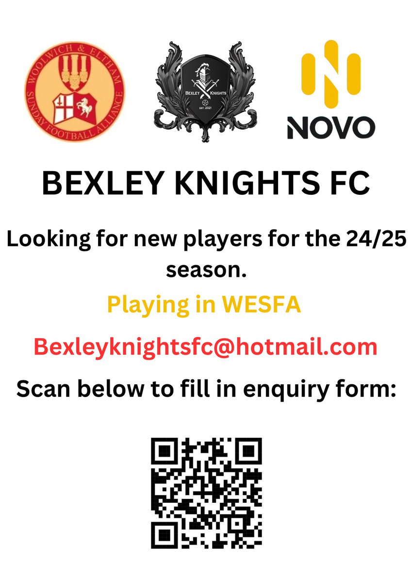 Bexley Knights FC⚽️ (@bexleyknightsfc) on Twitter photo After finishing the season strong, we are looking to continue building our squad💪🏽
If you are looking for a team for the 24/25 season, please fill in the form below:
docs.google.com/forms/d/e/1FAI…
<a href="/WESFA_Football/">W.E.S.F.A.</a> @SELKGrassroots After finishing the season strong, we are looking to continue building our squad💪🏽
If you are looking for a team for the 24/25 season, please fill in the form below:
docs.google.com/forms/d/e/1FAI…
<a href="/WESFA_Football/">W.E.S.F.A.</a> @SELKGrassroots