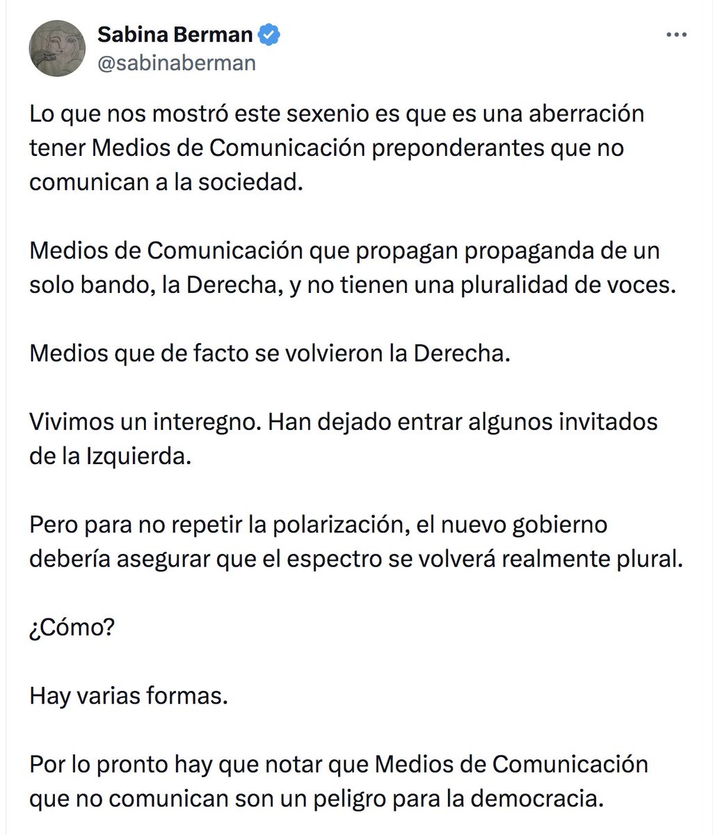 Sabina Berman (@sabinaberman) pide el retiro de la concesión a los medios electrónicos que critiquen al gobierno. Así, pinta de cuerpo entero sus propios delirios y si visión maniquea y autoritaria. Pero ella no se manda sola, no dice algo que no le dicten desde el gobierno. Por