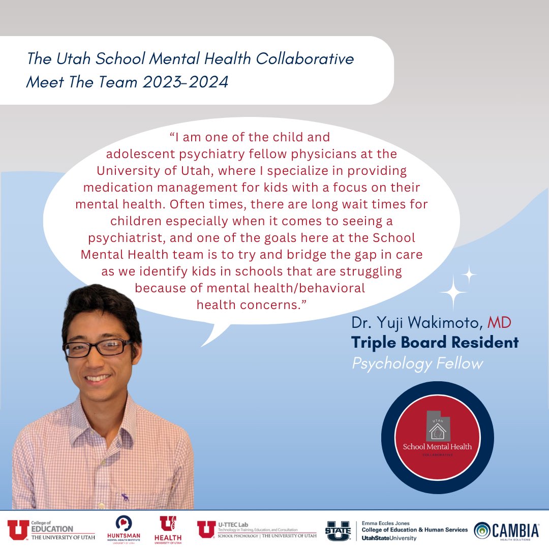 Shout-out to Dr. Wakimoto who serves as a Triple Board Resident on the USMHC Team! 🌟

 #UtahSchoolCounselor #SchoolMentalHealth #UtahSMHCollab 
@Cambia @uofu_hmhi @UUtah @RegenceUtah @USUAggies @UTPublicEd