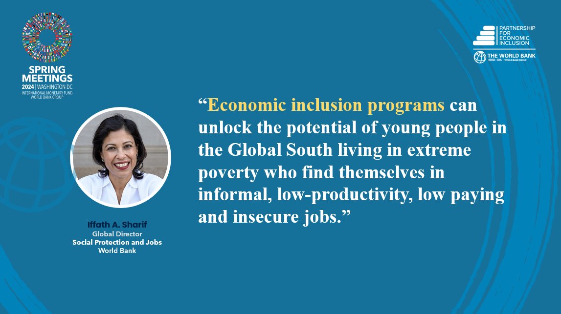 Learn from @iffath_sharif, @WBG_SPLabor Global Director, as she delves into the various ways #EconomicInclusion programs can enhance job productivity for people living in #poverty.

Replay the #KnowledgeCafe insightful discussion at the #WBGMeetings ⤵️

youtube.com/watch?v=-EiWOY…