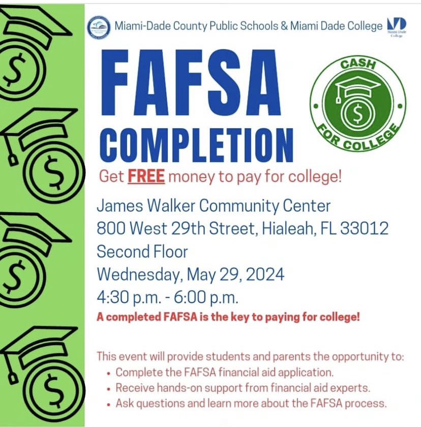 Seniors-we know you’re ready for graduation but are you ready for college? Join us tonight to get #CashforCollege <a href="/MDCollege/">Miami Dade College</a> financial experts we will be at the James Walker Community Center to assist with the FAFSA! <a href="/SuptDotres/">Jose L. Dotres, Ed.D.</a> <a href="/LDIAZ_CAO/">Lourdes Diaz</a> <a href="/AlayonSally/">Sally J. Alayon</a> <a href="/MDCPS/">Miami-Dade Schools</a> #YourBestChoiceMDCPS