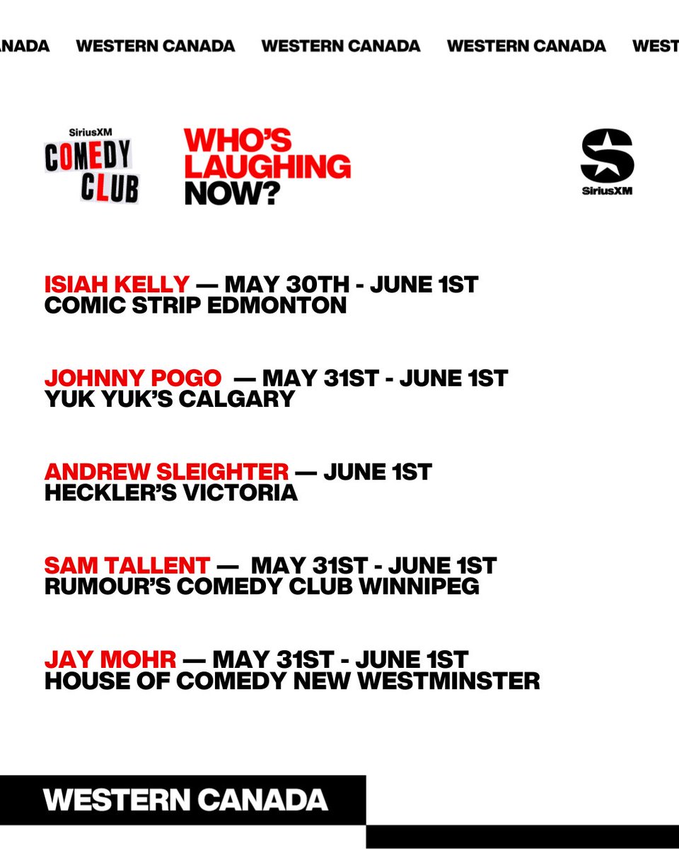 Check out some great comics live in action as #WhosLaughingNow shows off this week's #WesternCanada #ComedyCalender.

Get ready for some great laughs!

Can't make it to a show? Then get your comedy fix by tuning into the #SXMComedyclub ch. 168!