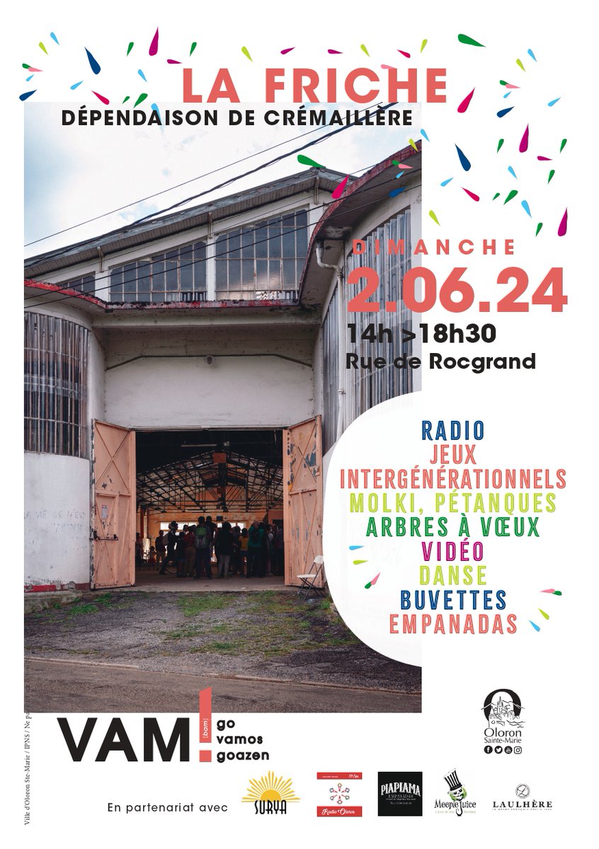 La dépendaison de crémaillère de la Friche c'est ce week-end !!!
📍Rendez-vous ce dimanche, de 14h à 18h30, à la rue Rocgrand pour fêter le lancement prochain du chantier de la Friche qui débutera mi-juillet !
#oloronsaintemarie #projet