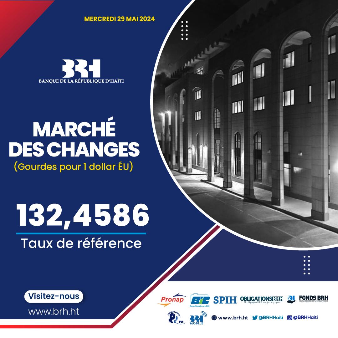 La @BRHHaiti_ informe que le Taux de référence pour ce mercredi 29 mai 2024 est de 132,4586 gourdes 🇭🇹 pour un dollar américain 🇺🇲.