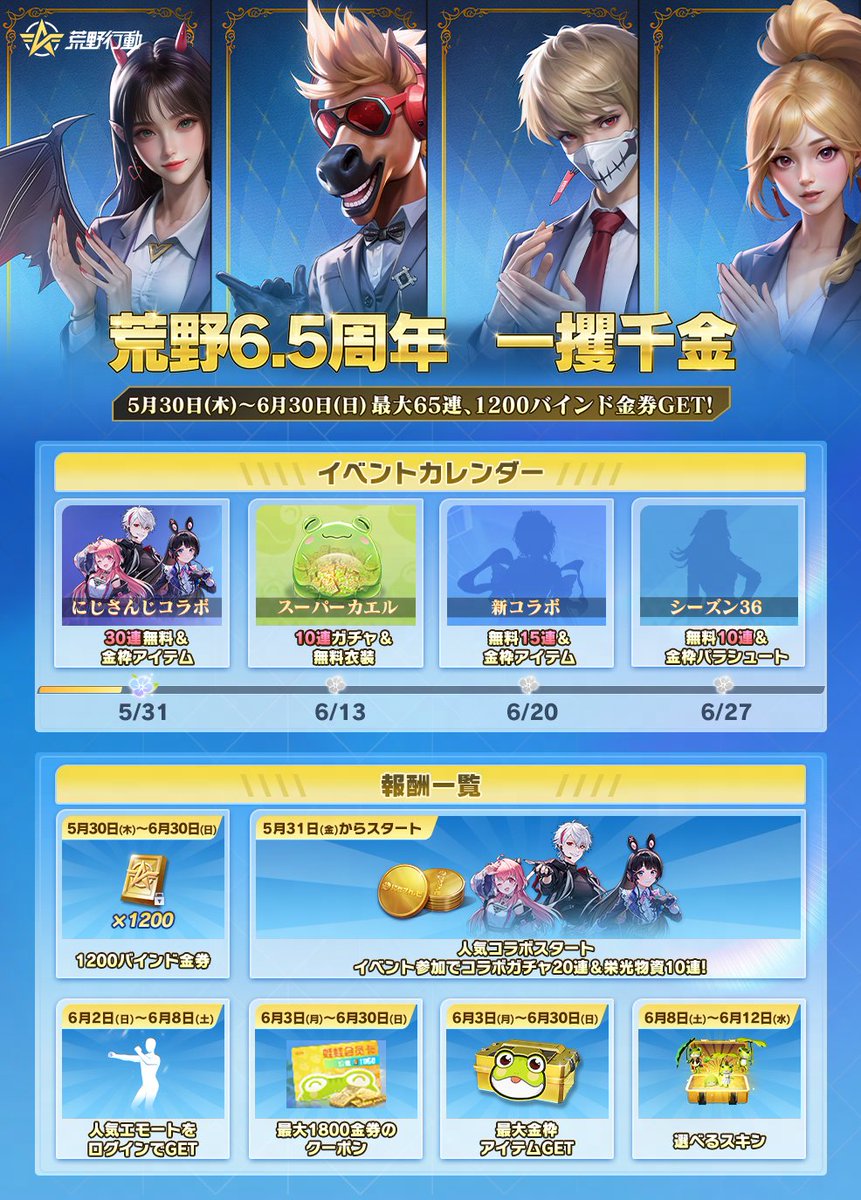GAME_KNIVES_OUT's tweet photo. ⏰荒野6.5周年、5/30スタート⏰
イベント「いつ」開催❓「なに」が貰える❓
すべてはこの画像に🎨迷わずチェック👀

🔸イベント参加で最大ガチャ65連！
🔸ログインするだけで1200バインド金券！
　 金枠アイテム入手できるチャンスも！

RTして友達にも教えてね🙏
10名に1000円アマギフ #荒野6周年半 https://t.co/6rp6ztLfty