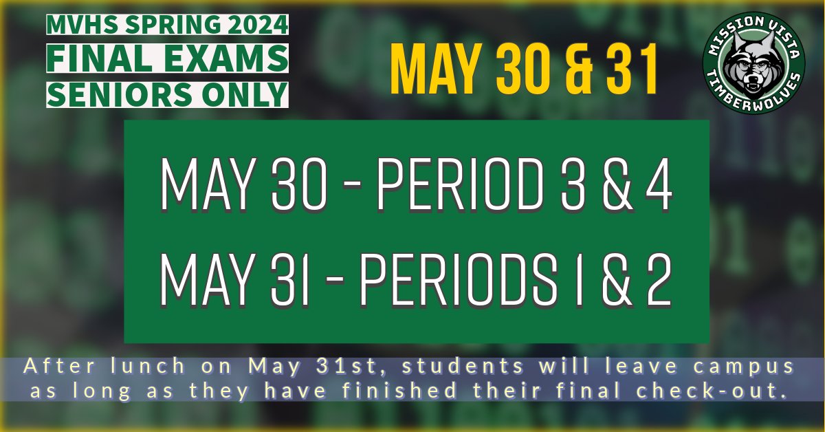 #finalexams
🎓Seniors will take their Final Exams on Thursday, May 30th, and Friday, May 31st.
~Finals May 30th will be periods 3 &amp; 4.
~Finals May 31st will be periods 1 &amp; 2.
After lunch on May 31st, students will leave campus as long as they have finished their final check-out.