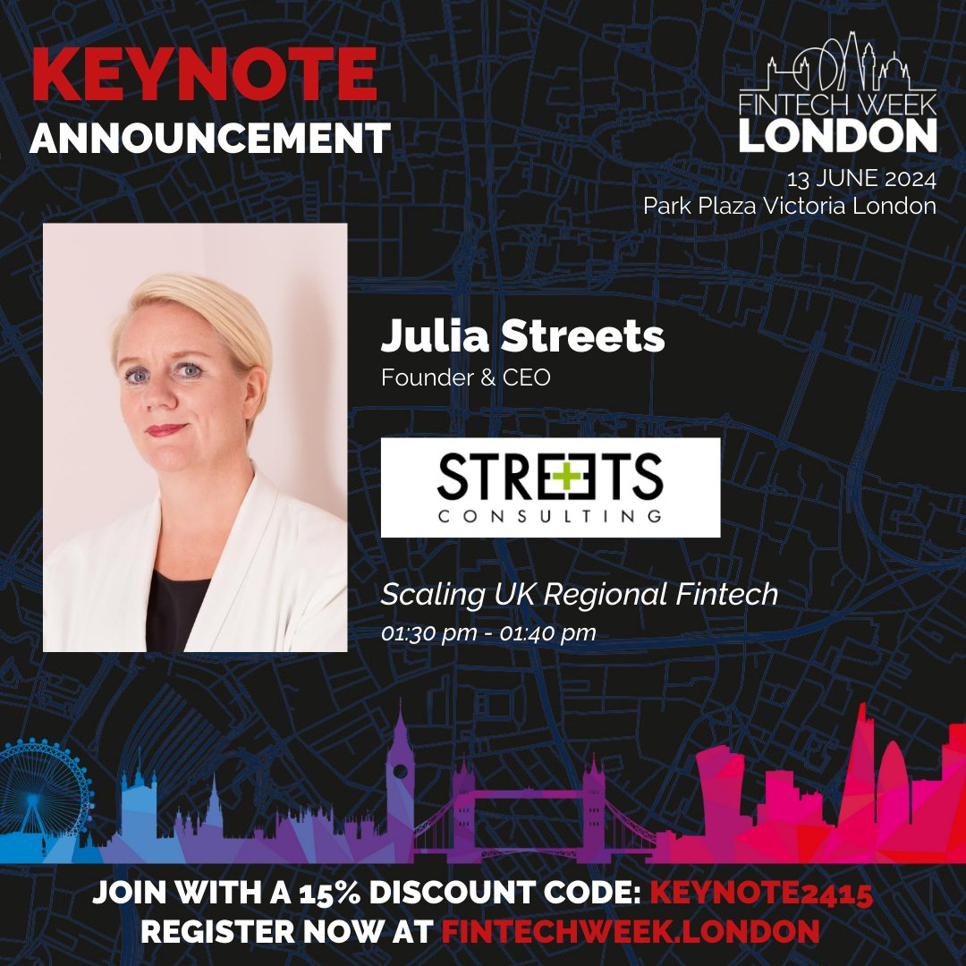 Fintech Week London (@fintechweekldn) on Twitter photo The amazing <a href="/streets_julia/">Julia Streets</a>, founder and CEO of <a href="/StreetsConsult/">Streets Consulting</a> will be hosting our City-to-City sessions on Thursday 13 June at the Park Plaza Victoria London. Hear all about scaling and succeeding in the UK Fintech scene. Get your tickets now: fintechweek.london/zqk4w?RefId=Ti… The amazing <a href="/streets_julia/">Julia Streets</a>, founder and CEO of <a href="/StreetsConsult/">Streets Consulting</a> will be hosting our City-to-City sessions on Thursday 13 June at the Park Plaza Victoria London. Hear all about scaling and succeeding in the UK Fintech scene. Get your tickets now: fintechweek.london/zqk4w?RefId=Ti…