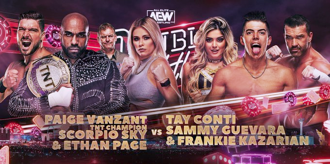 wrestle_hist's tweet photo. 5/29/2022
American Top Team defeated Frankie Kazarian, Sammy Guevara & Tay Melo at Double or Nothing from the T-Mobile Arena in Las Vegas, Nevada.
#AEW #DoubleOrNothing #ScorpioSky #EthanPage #PaigeVanZant #DanLambert #FrankieKazarian #SammyGuevara #TayMelo #TayConti https://t.co/LOJdGnwpzi
