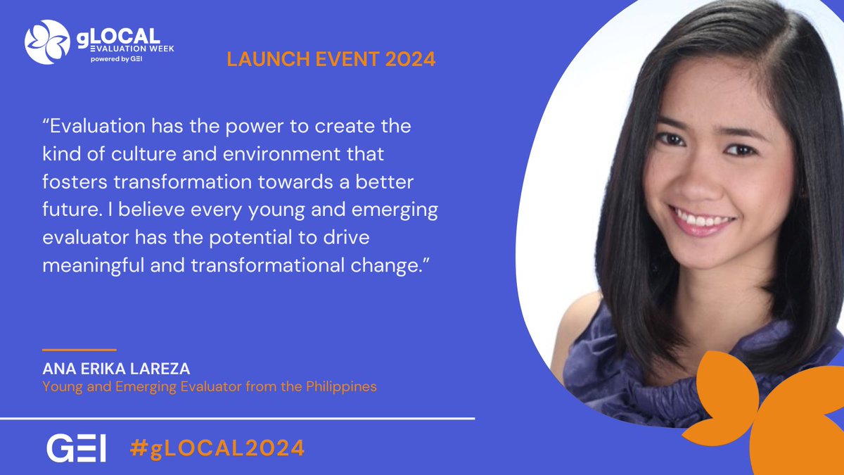 #HappeningNow: Young and Emerging Evaluator (YEE) Ana Erika Lareza @aelareza at the launch of #gLOCAL Evaluation Week. Tune in: bit.ly/452F55K