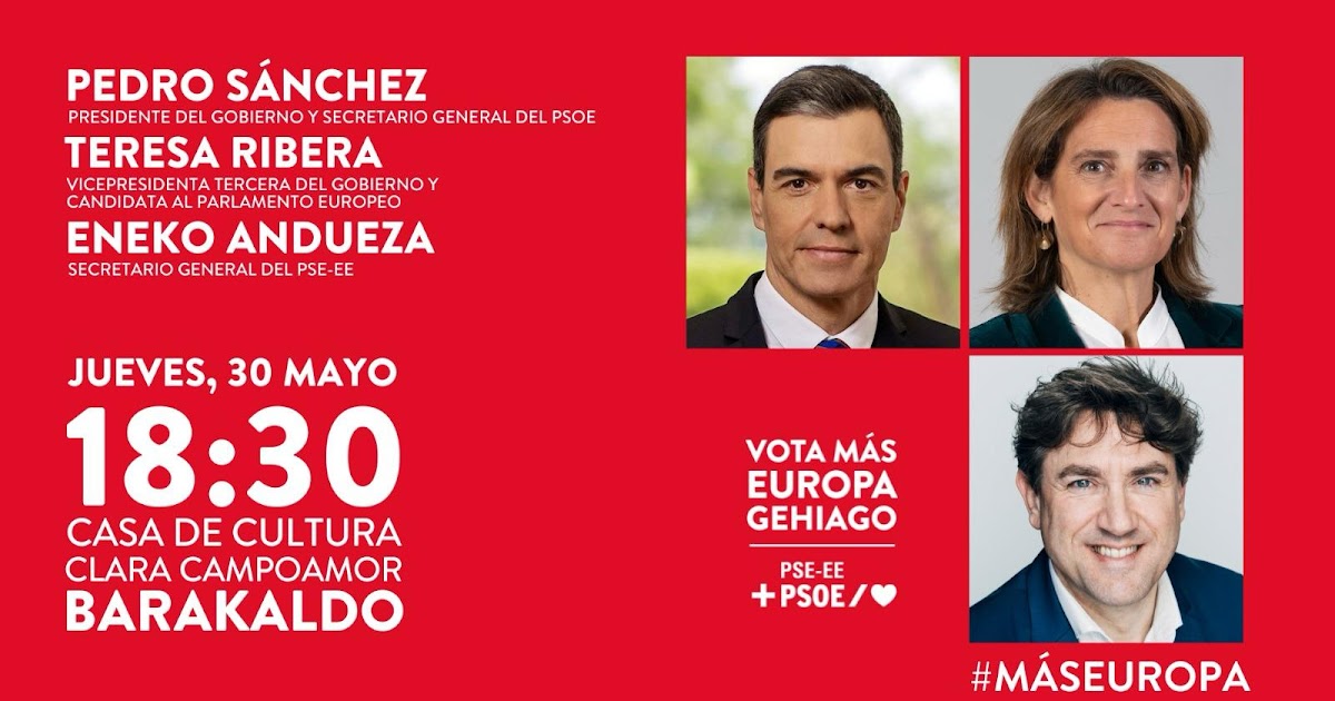 Elecciones. Pedro Sánchez participa este 30 de mayo en un mitin del PSE en la casa de cultura de San Vicente dlvr.it/T7YdJD > BarakaldoDigital #Barakaldo