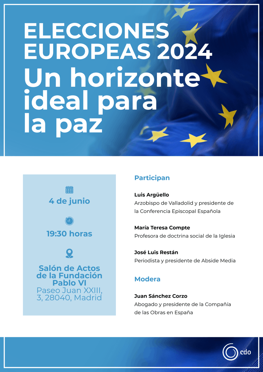 El próximo 4 de junio 19:30 horas en el Salón de Actos de la Fundación Pablo VI (Paseo Juan XXIII, 3, 28040, Madrid) proponemos un diálogo sobre el manifiesto titulado Elecciones Europeas. Un horizonte ideal para la Paz: cdo.es/encuentro-publ…