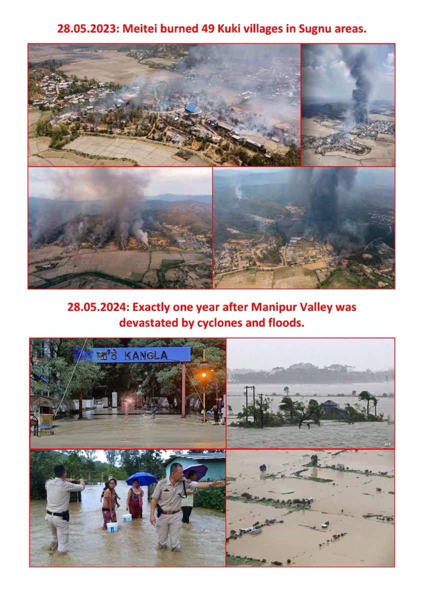 paaginhaokip's tweet photo. 5.5.2023: Meitei burned Kuki houses in Imphal areas.
5.5.2024: Manipur Valley devastated by hailstorms.
28.5.2023: Meitei burned 49 Kuki villages in Sugnu areas.
28.5.2024: Manipur Valley devastated by cyclones and floods.
#MeiteiMilitants #MeiteiTerrorists #MeiteiAtrocities https://t.co/pTgcCV8NbP