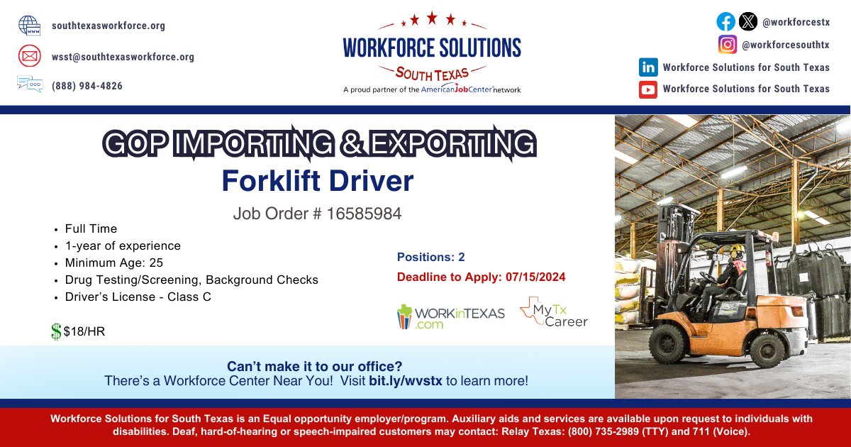WorkInTexas - Job Listing (Forklift Driver) tinyurl.com/2doubphw 

#morejobs #jobsnow #forklift