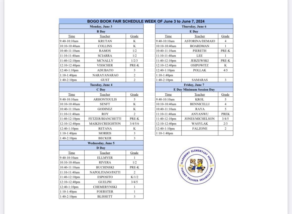 The Buy One Get One Free Scholastic Bookfair is June 3-7. Preview the Book Fair online and set up an eWallet by visiting bookfairs.scholastic.com/bf/claremontel…
Parents, have a few hours to spare? Please consider volunteering to help the students shop for books. 
signupgenius.com/.../30E0D44AEA…...