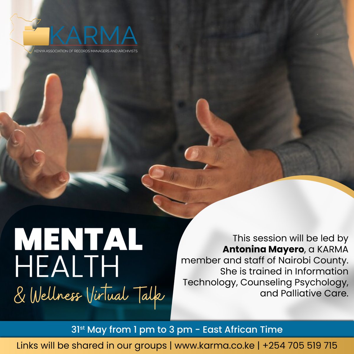 🌟 Join Us for a Special Mental Health & Wellness Talk 🌟
Get ready for an enlightening experience! You're invited to a virtual event like no other, hosted by the Kenya Association of Records Managers and Archivists (KARMA).
📅 Date: May 31, 2024
 🕐Time: 01:00 PM - 03:00 PM EAT