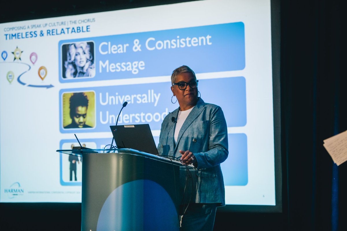 Harman's tweet photo. HARMAN is proud of its culture that encourages employees’ voices! Our very own Tamika Frimpong and Kym Reeves recently participated in a #TrustWeek panel discussion with @OneTrust to discuss why it’s important for employees to speak up and to protect them against retaliation. https://t.co/rxPwDAMWvI