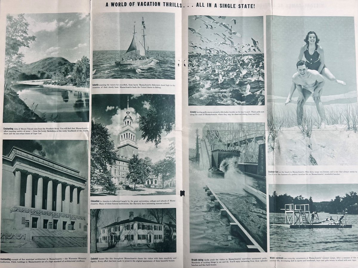 mastatelibrary's tweet image. "A World of Vacation Thrills...All in a Single State!" Massachusetts Vacation Panorama pamphlet, 1937. #almostsummer #Massachusetts #vacation #localhistory