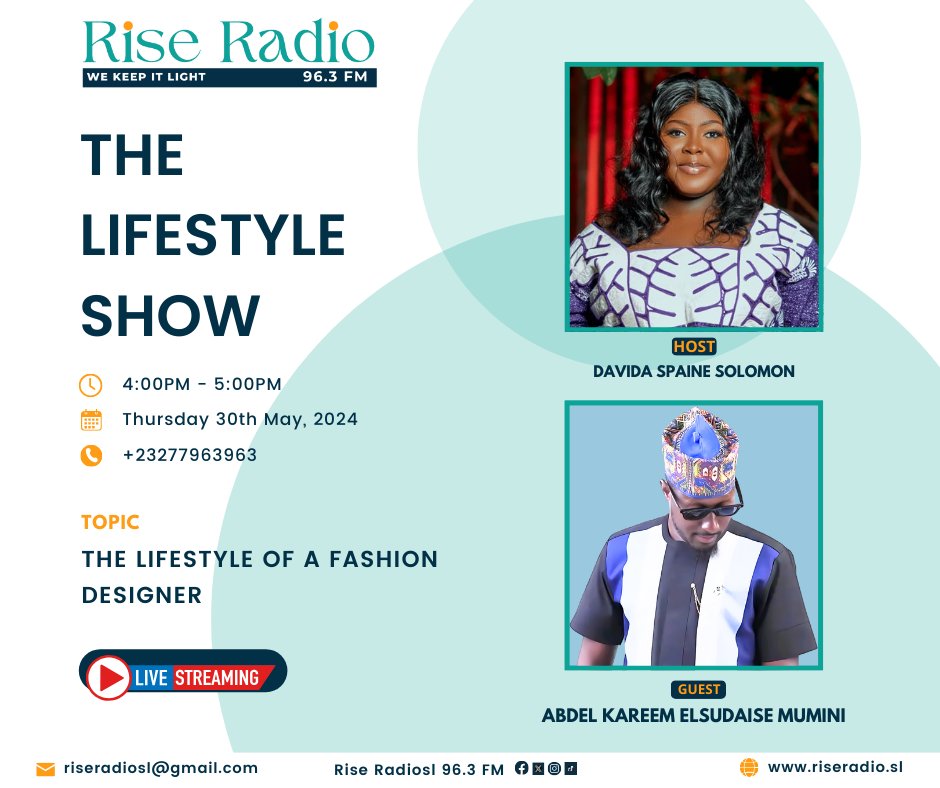 Get ready for a fashionable journey on #TheLifestyleShow! Join our host Davida Tiyana Spaine-Solomon as she chats with Abdel Kareem Elsudaise Mumini about the highs, lows, and creative process of being a top fashion designer. @asmaakjames @MariamaJBah9 #riseradiosl