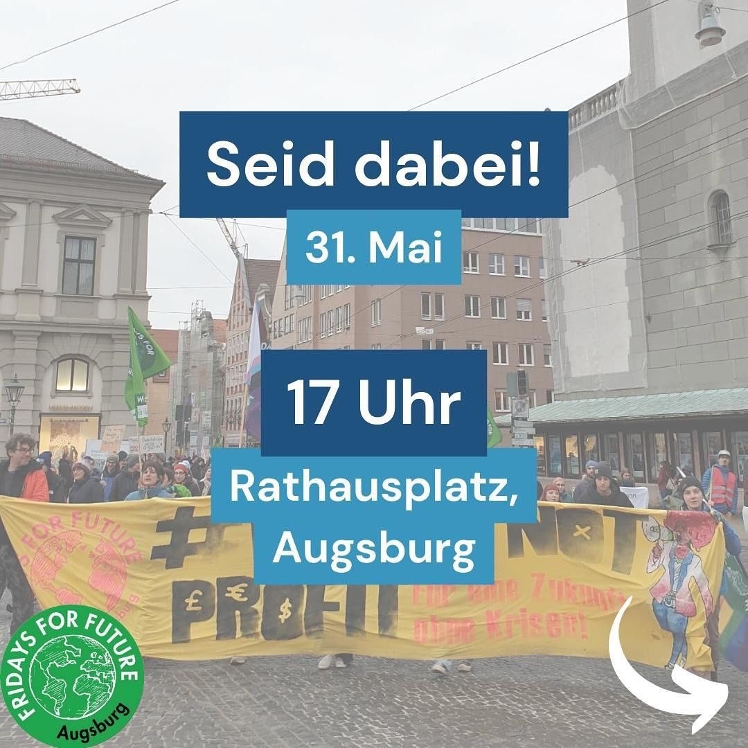#SaveTheDate #Augsburg am 31.05.24 um  17:00 Uhr

Am 31.05, 17 Uhr ist europaweiter Klimastreik auch in Augsburg.

Ort: Augsburg, Rathausplatz

#WirSindDieBrandmauer #NieWiederIstJetzt #LautGegenRechts #SeiEinMensch #NoAfD