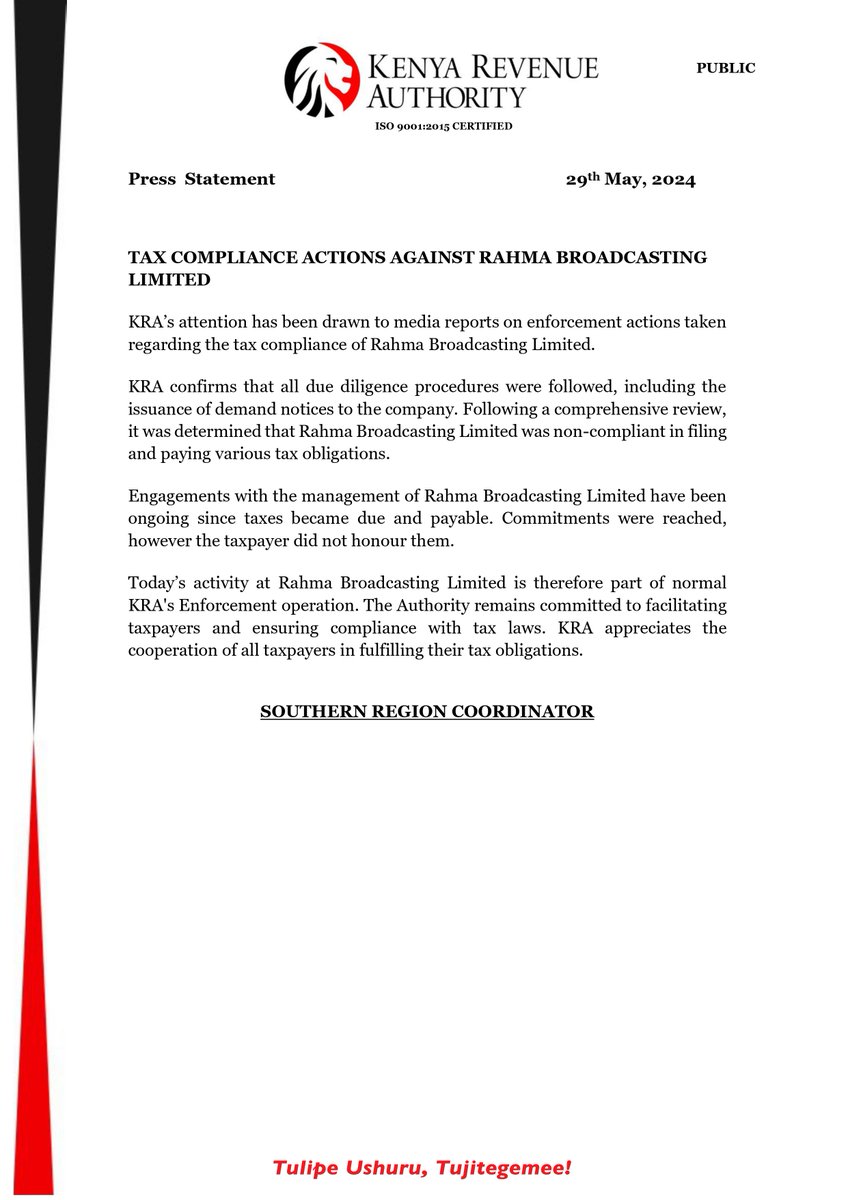 Press Statement on the Tax Compliance Actions Against Rahma Broadcasting Limited.