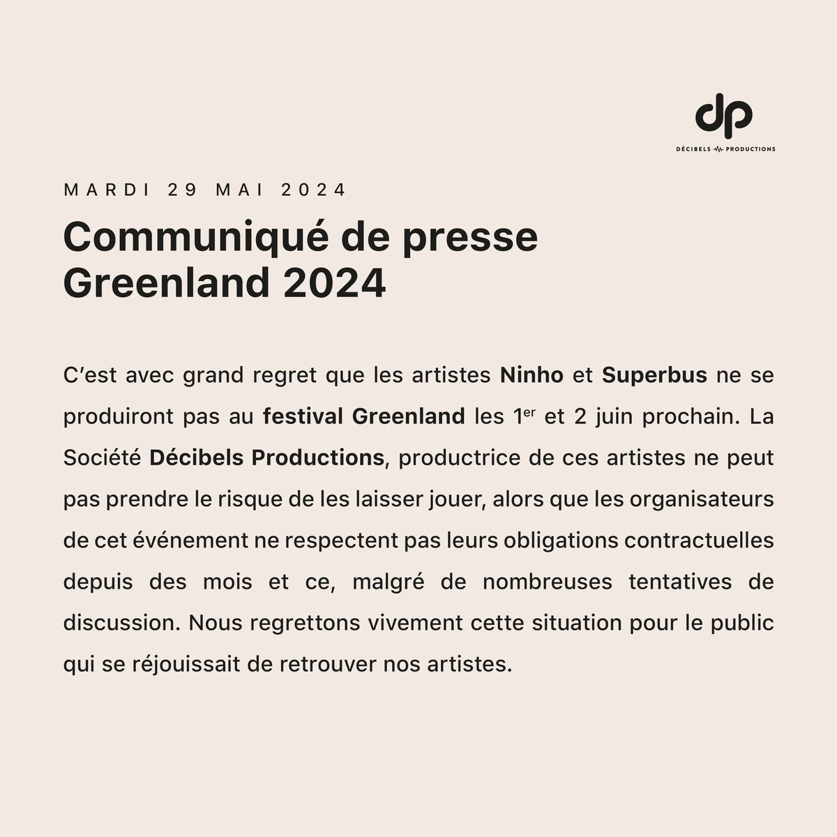 Communiqué : @ninhosdt & @superbus__ / Greenland festival 2024