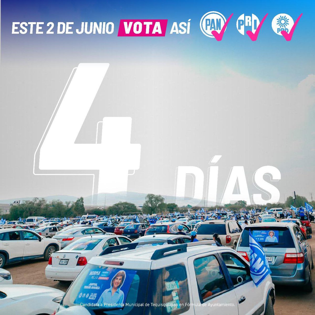 ¡Faltan solo 4 días para el triunfo! 🙌🏻 Tendremos nuestra primera Presidenta Municipal, será un orgullo servir a mi pueblo.💙❤️💛 Este domingo 2 de junio, salgamos a votar tempranito, vota por un gobierno serio y de resultados. #VotaNormaMejía