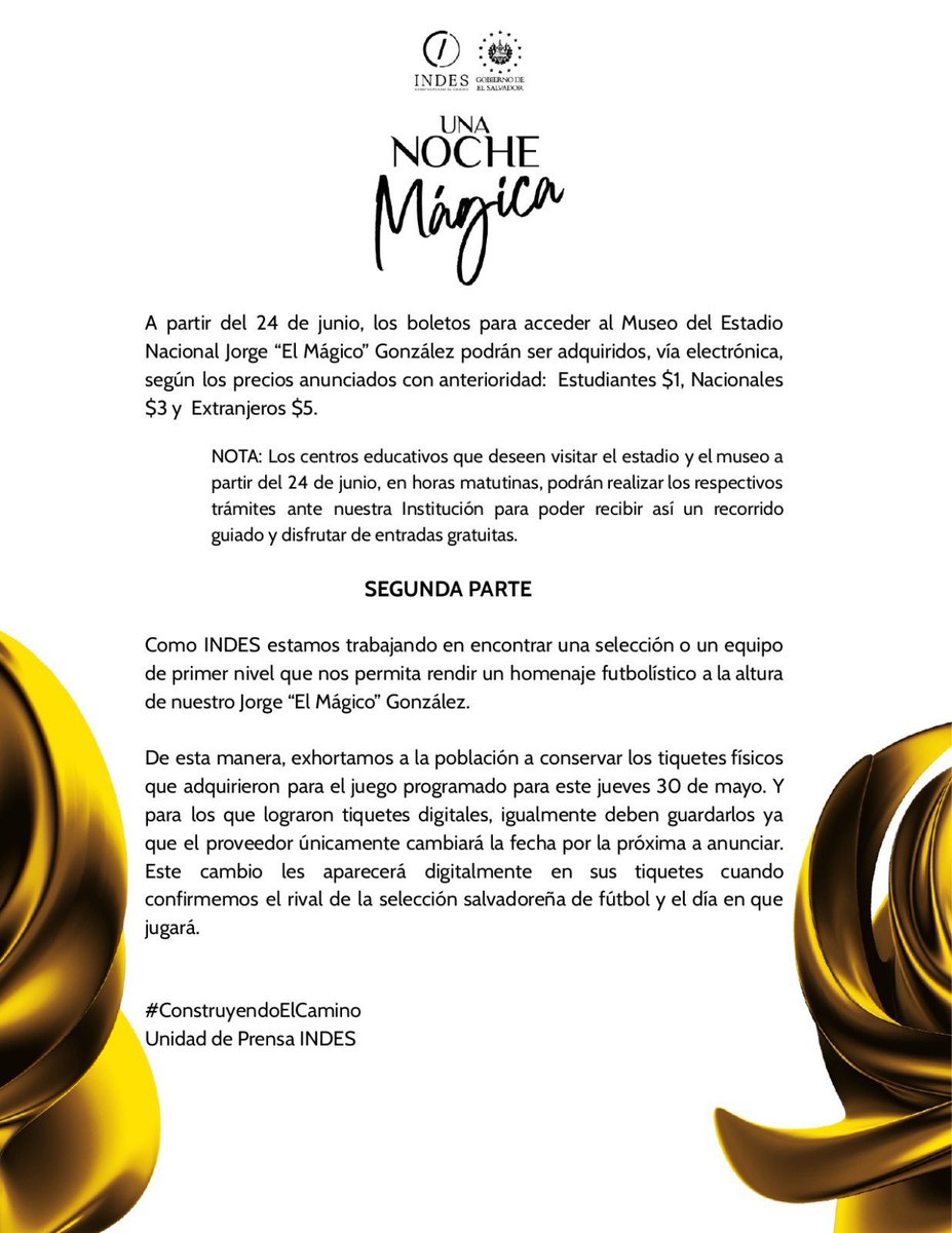 🚨HOMENAJE AL “MÁGICO” GONZÁLEZ TIENE NUEVA FECHA

📌El presidente ad honorem del @indeselsalvador, @ybukele, informó sobre la nueva fecha para la actividad denominada “Una noche Mágica”, la cual se suspendió debido a problemas en el vuelo que trasladaba a los jugadores del Cádiz