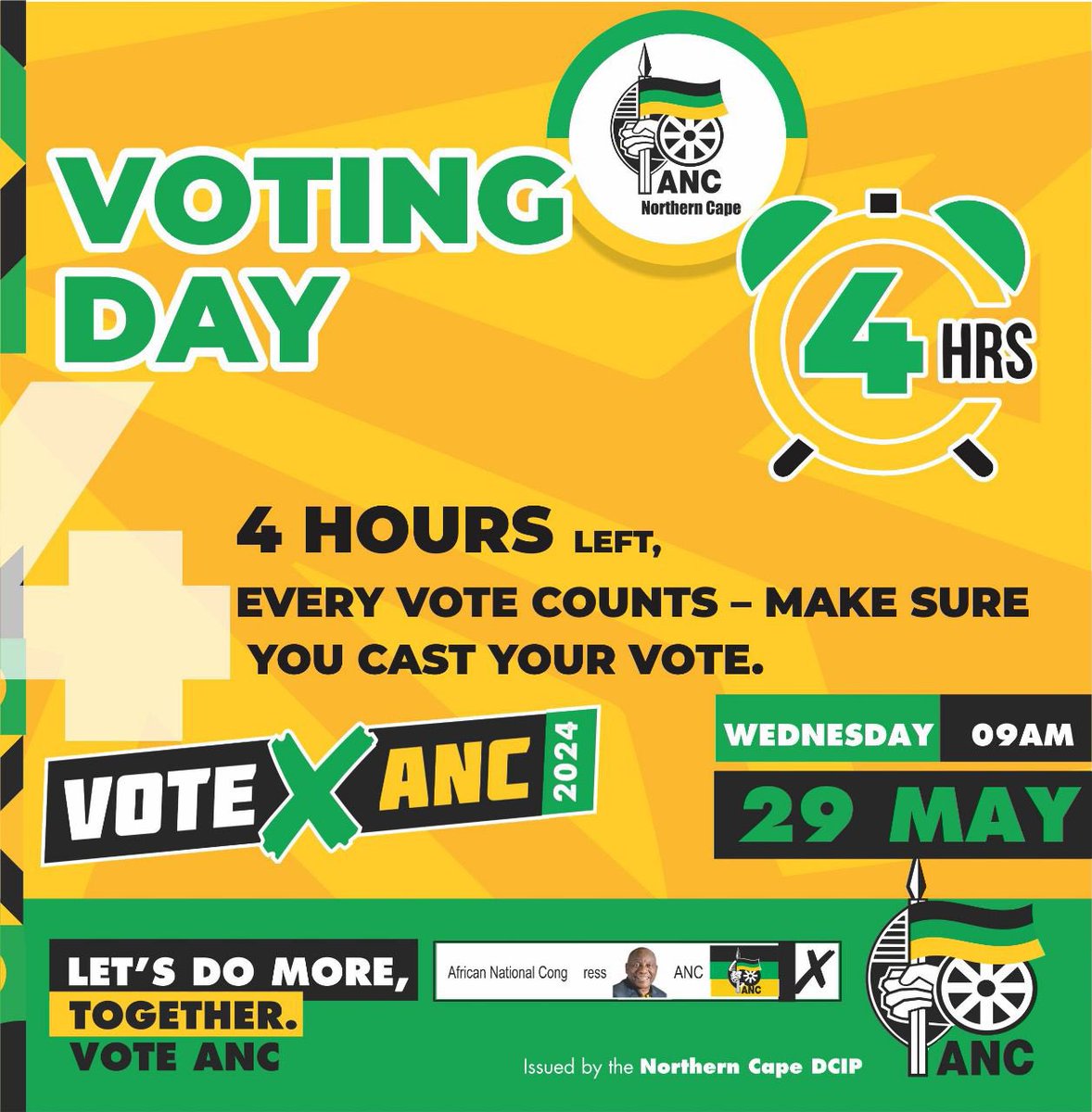 AncNcape's tweet image. 4 HOURS LEFT

Voting station will be open until 21h00. Remember to pass by the ANC desk before you enter the Voting Station.

#IamVotingANC
#LeadUsRamaphosa
#VoteANC2024
🖤💚💛