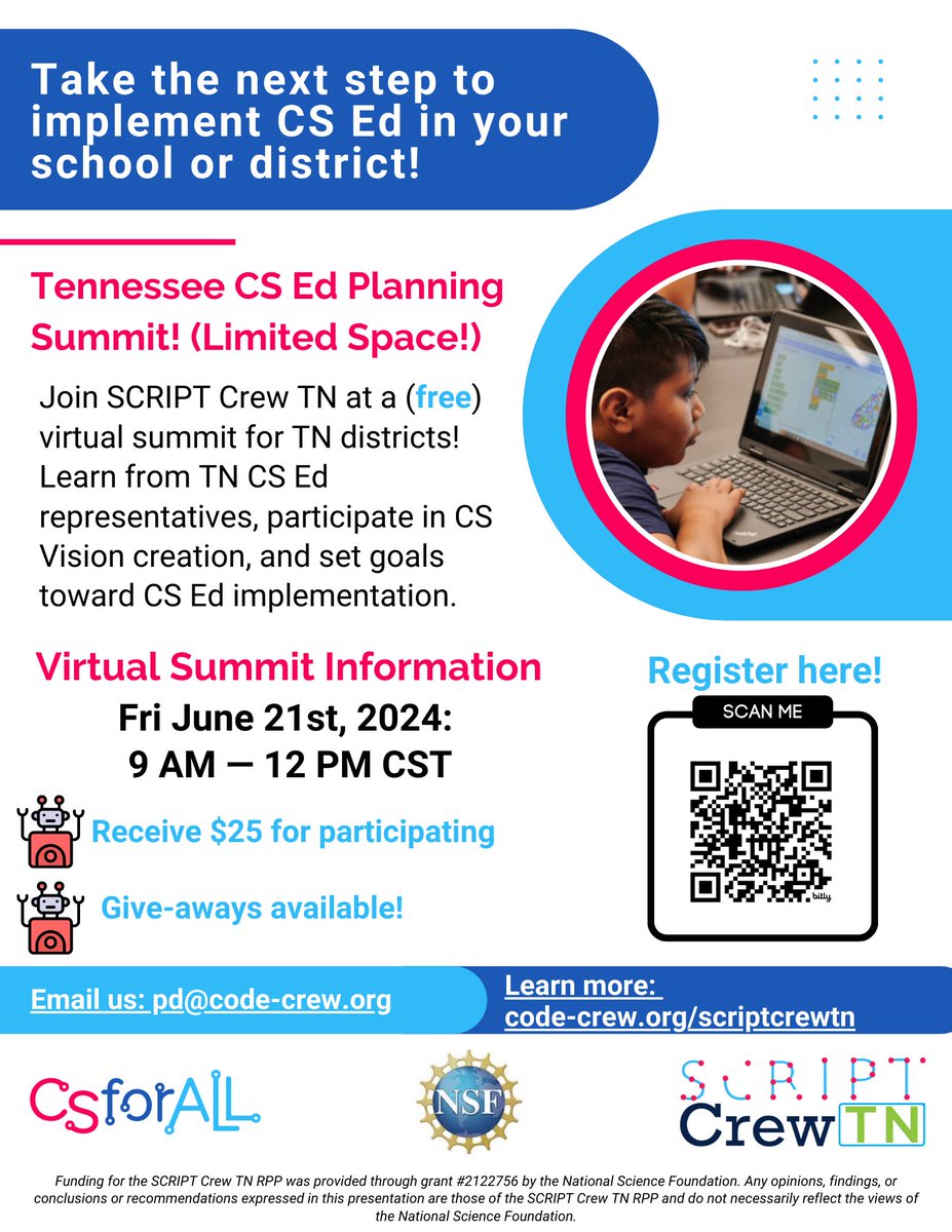 Calling all Tennessee school districts! Join SCRIPT Crew TN for a free virtual summit on Friday, June 21 to learn from #CSEd representatives, participate in CS Vision creation, and set goals toward CSEd implementation. Register at us02web.zoom.us/meeting/regist…. #CSforALL @_CodeCrew