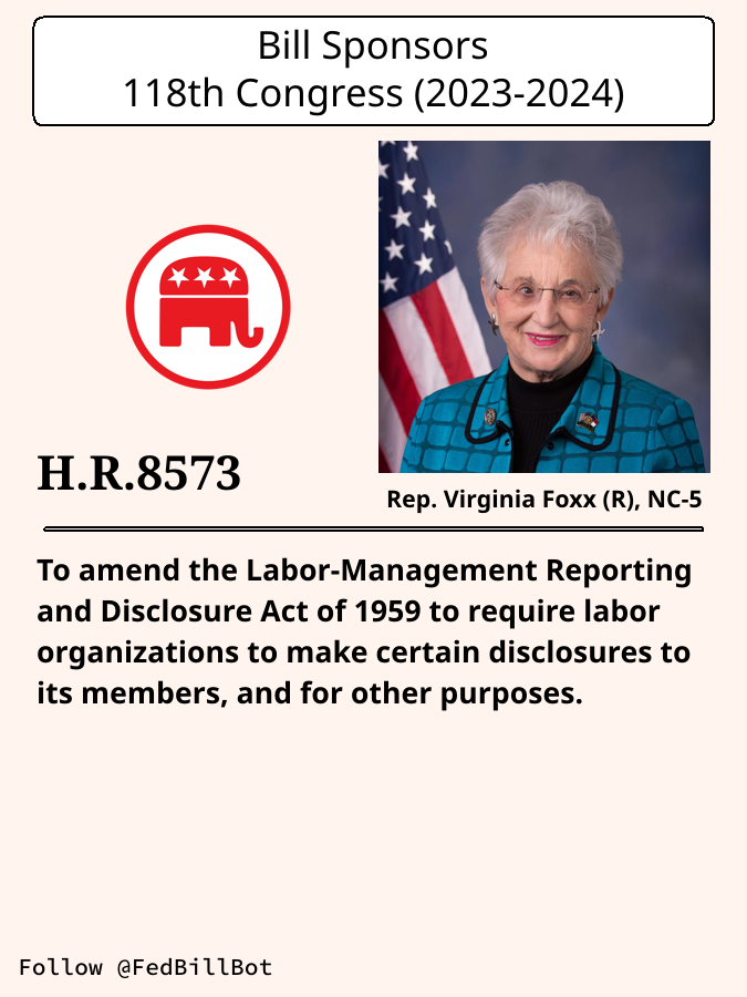 H.R.8573
To amend the Labor-Management Reporting and Disclosure Act ...

SPONSOR: @virginiafoxx @foxxforcongress
№ CO-SPONSORS: 0

STATUS: Introduced

LATEST ACTION: House floor - 2024-05-28 Referred to the House ...

#Republicans

congress.gov/bill/118th-con…