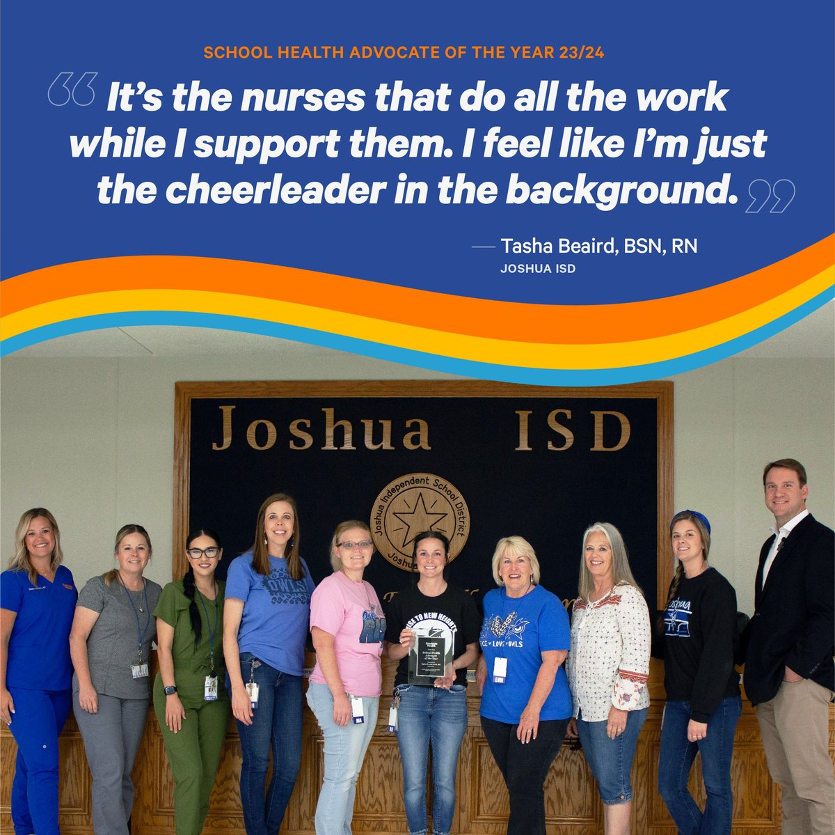 When accepting her School Health Advocate of the Year 2023/24 award, Tasha Beaird gave a shout out to her fellow nurses. 📣👩‍⚕️

Let’s applaud Tasha & her fellow nurses for their unwavering commitment to the well-being of @JoshuaISD students! 🏥💙

Read more gsh.co/3KjqXes