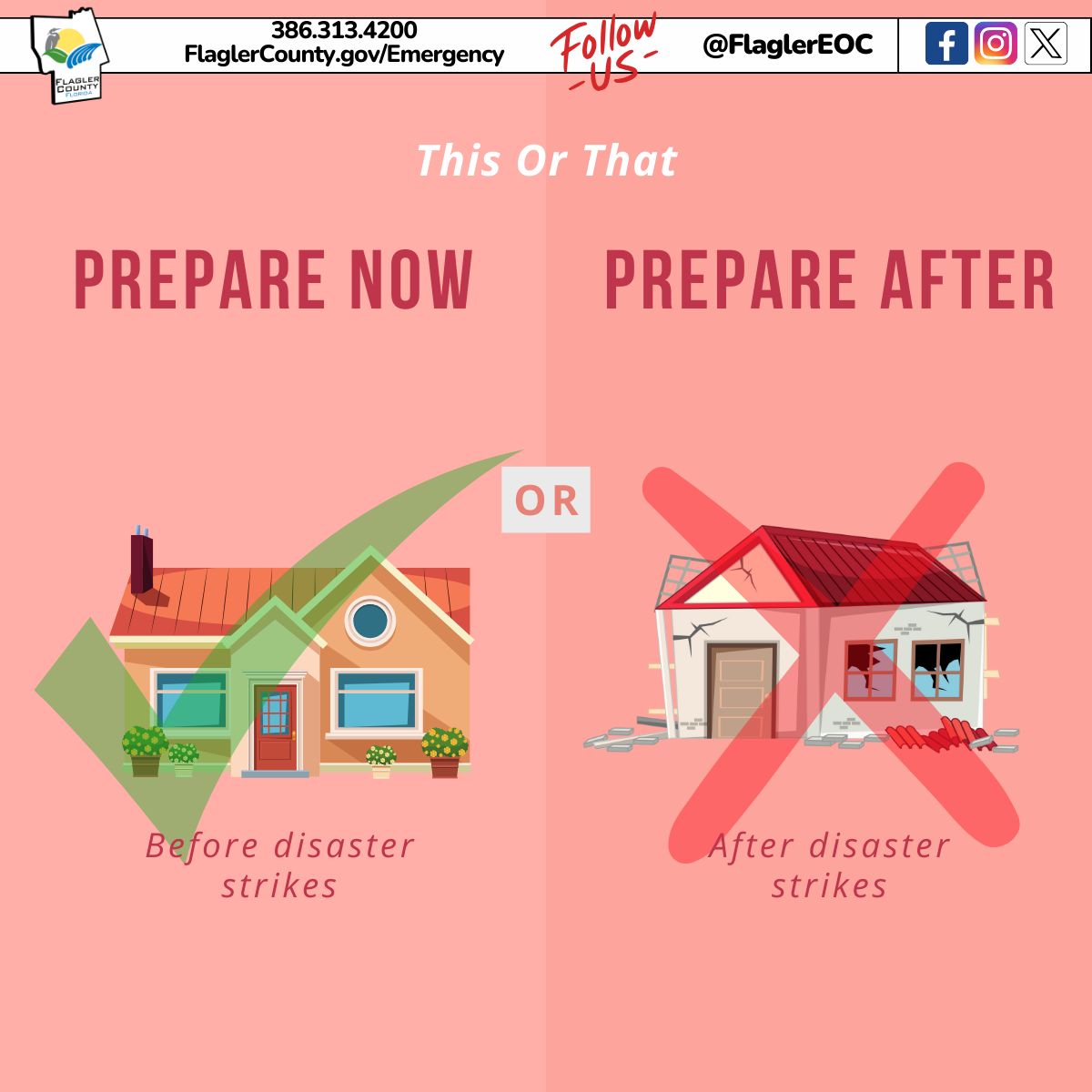 Do you want to prepare before disaster strikes or after? 
Some people say they thrive on chaos. We don't recommended that. After is highly unpredictable 

Visit Flaglercounty.gov/emergency to learn how you can be prepared before disaster strikes 

#Flaglercounty #flaglereoc #beready