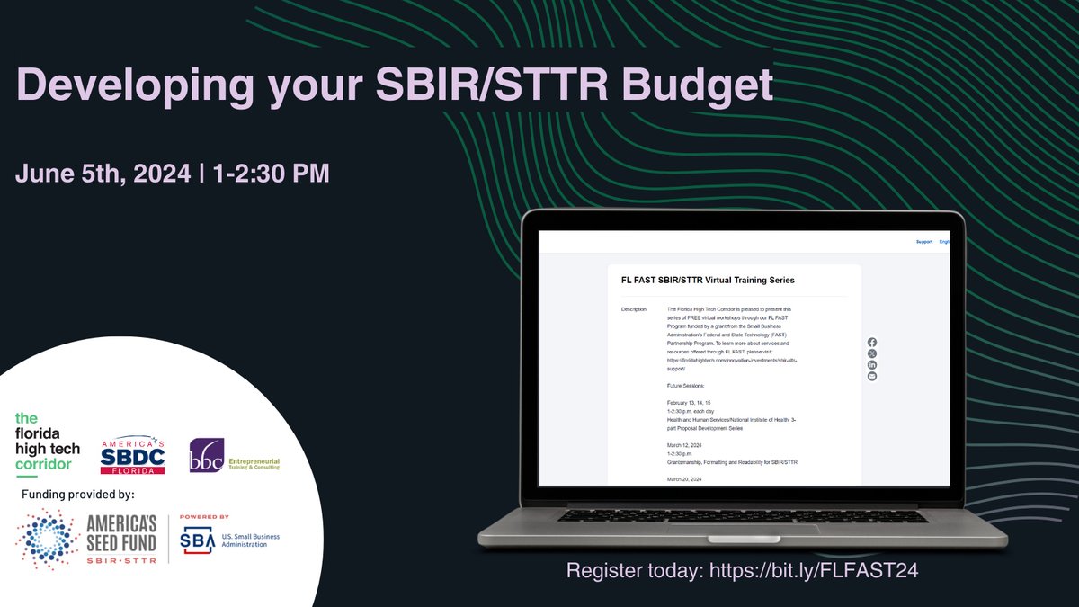 One week until the webinar starts on Developing your SBIR/STTR Budget! Join on June 5, 2024, from 1:00 to 2:30 pm to learn from BBCetc's Shannon Bass.

RSVP Here: us02web.zoom.us/webinar/regist…