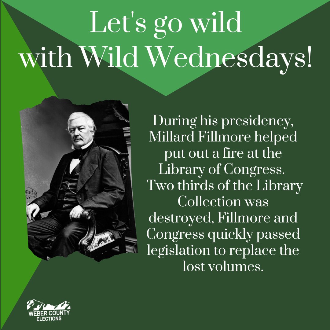 Let's get wild with some weird history. During his presidency, Millard Fillmore helped put out a fire at the Library of Congress. This fire damaged two-thirds of the collection. 
#wildwednesdays #weirdhistory #weberelections #trivia #millardfillmore #libraryofcongress #history