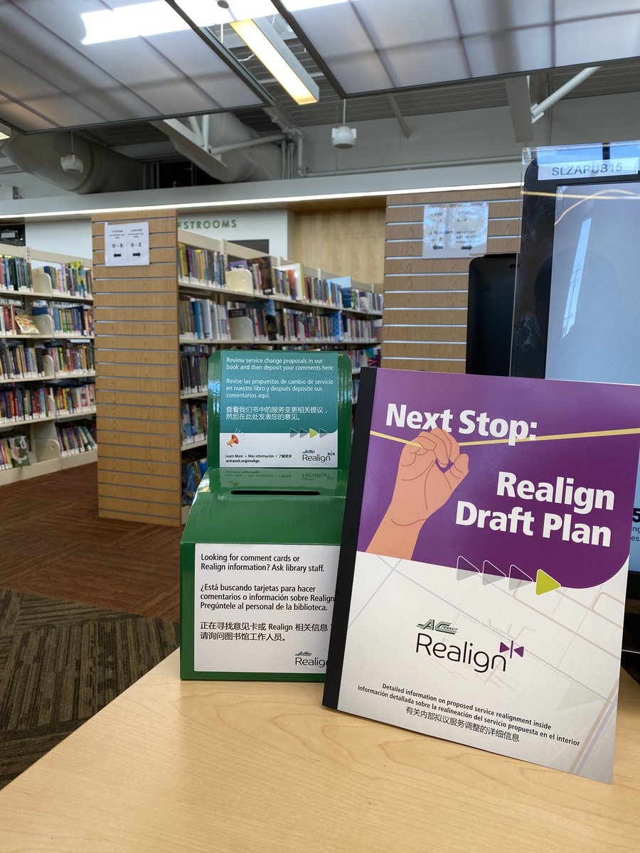 Our Realign Draft Plan is available at 21 libraries across our service network! Read it in person and write your feedback down on a comment card by June 5! Visit our Realign web page and scroll to Printed Copy Locations to find a nearby library: actransit.org/realign