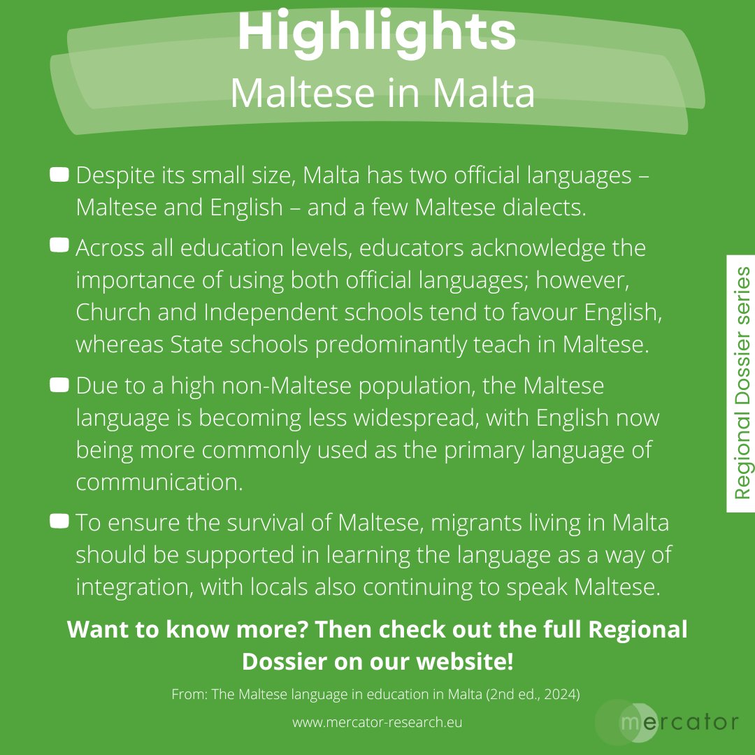 Highlights no. 21! Interested in learning about #Maltese in #education in #Malta? #RegionalDossierHighlights #MercatorRegionalDossiers #il-Malti #MinorityLanguages #RegionalLanguages #LanguageEducation #multilingualism Read the full Regional Dossier at bit.ly/3VaMJr9