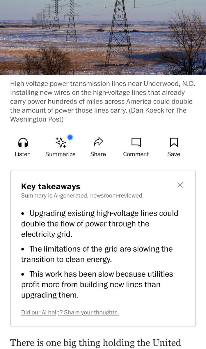 New on <a href="/washingtonpost/">The Washington Post</a> articles: AI-generated summaries highlighting three key “takeaways” in the story. 

(Not sure I’d trust a robot to determine what the key points in a story I’d labored days or weeks on).