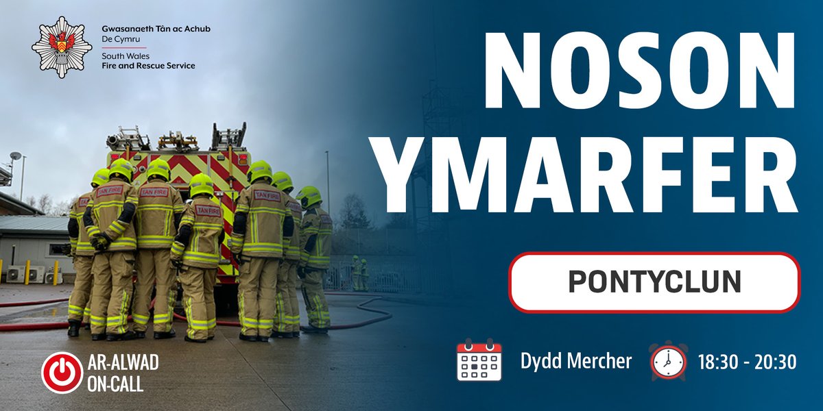 📣 Rydym yn recriwtio Diffoddwyr Tân Ar Alwad yn #Pontyclun 📆 Ymunwch â'n nosweithiau ymarfer bob dydd Mercher o 6:30yh-8:30yh. 🤝 Mae’n ffordd wych o ddeall y rôl a chwrdd â’r tîm. Eisiau #ByddwchMwy? Ewch i 🔗 bit.ly/GTADC_Ar-Alwad @CyngorRhCT