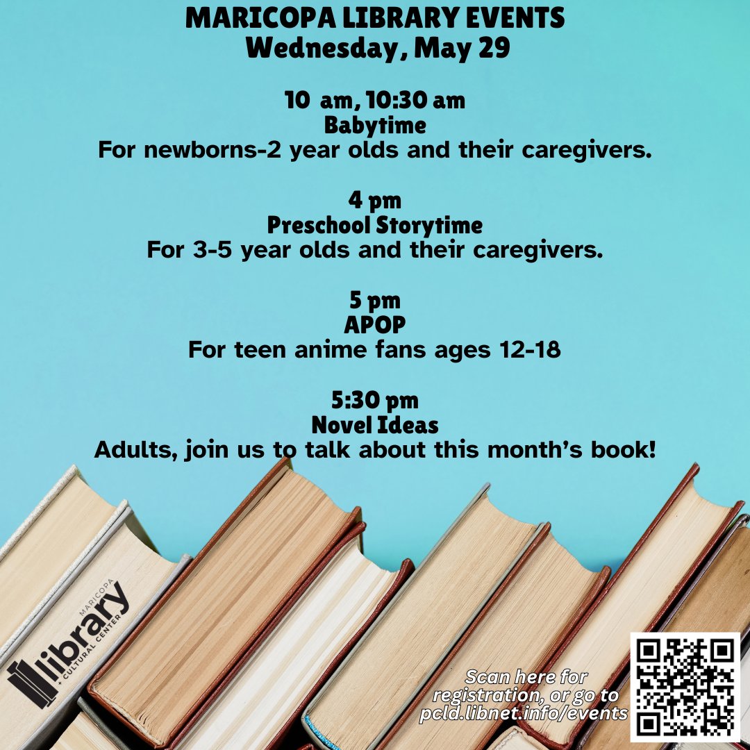 maricopalibrary's tweet photo. We've got something for everyone today at #MLCC! Wait...we have something for everyone EVERY DAY at #MLCC! Check us out 😉 #azlibraries #cityofmaricopa #storytime #bookclub #anime #teens #preschool #babies https://t.co/HnQDXnYdbJ
