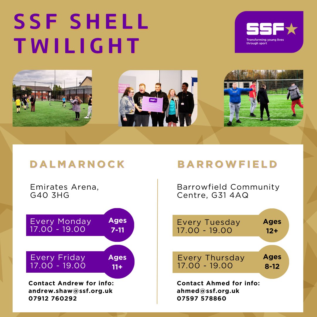 SSF (@ssf_futures) on Twitter photo 🎉 SSF Shell Twilight Barrowfield Sessions 🌟
Join us every Tuesday and Thursday for physical and youth work activities at Barrowfield Community Centre 🏀⚽
Follow this link for more info - ow.ly/btyL50RShRM
<a href="/CashBackScot/">CashBack4Communities</a> <a href="/WSHAScotland/">West of Scotland H.A</a> 🎉 SSF Shell Twilight Barrowfield Sessions 🌟
Join us every Tuesday and Thursday for physical and youth work activities at Barrowfield Community Centre 🏀⚽
Follow this link for more info - ow.ly/btyL50RShRM
<a href="/CashBackScot/">CashBack4Communities</a> <a href="/WSHAScotland/">West of Scotland H.A</a>