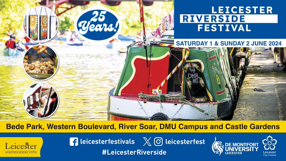 Riverside Festival returns to #Leicester this weekend, with @dmuleicester as a new partner for 2024. 
Join us on June 1-2 for family-friendly activities, both on and off the water, and help us celebrate 25 years of festival fun!
More here: 
ow.ly/RK3S50RHZEU