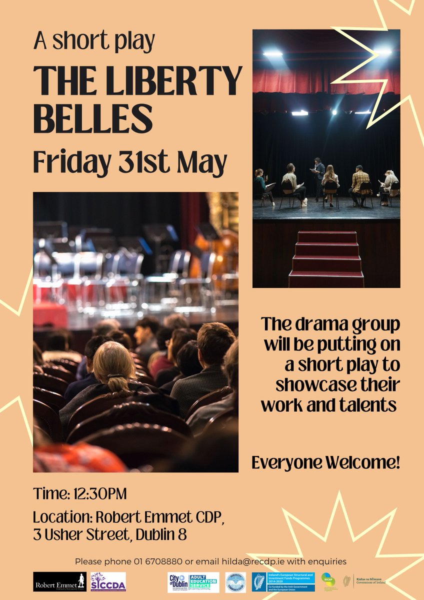 🎭 The drama group presents 'The Liberty Belles' - a short play this Friday 31st May at 12:30PM!

Everyone is welcome!
Location: Robert Emmet CDP, 3 Usher Street, Dublin 8

#DramaGroup #TheLibertyBelles #CommunityEvent #Dublin8