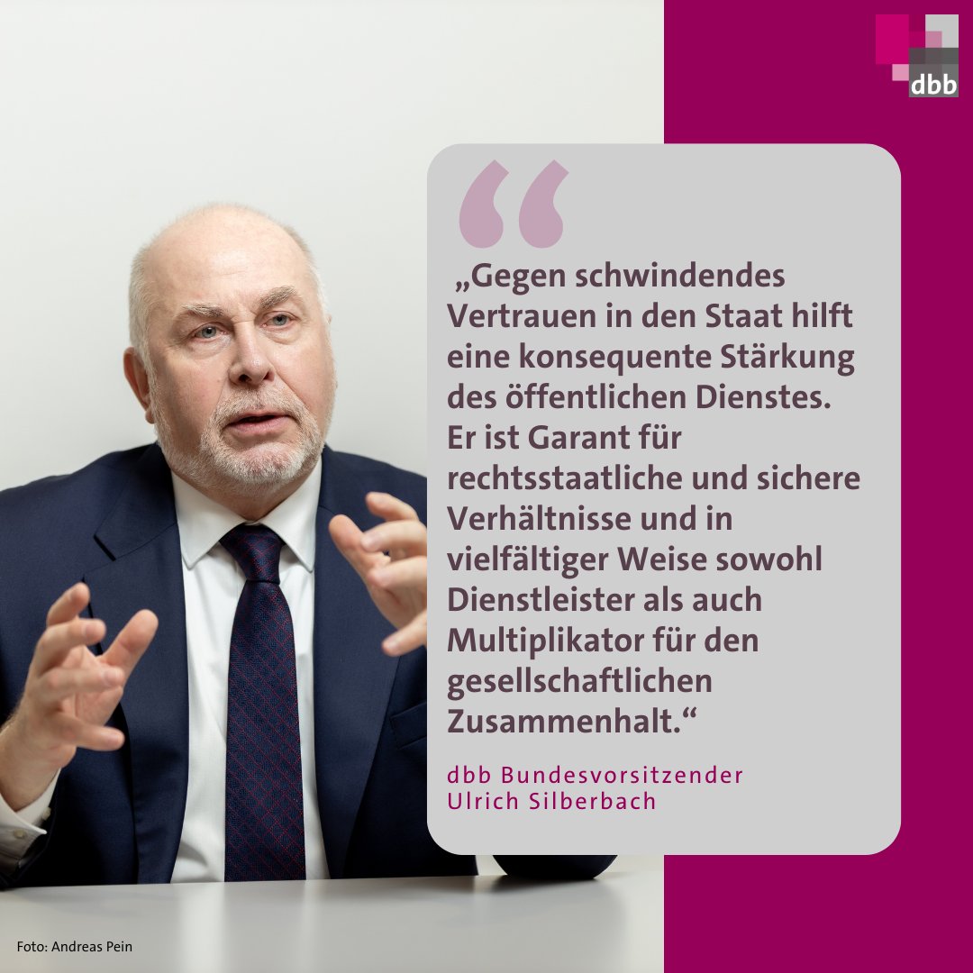 dbb_news's tweet photo. Im heutigen dbb dialog hat dbb Bundesvorsitzender Ulrich Silberbach mit Gästen aus Recht und Politik über unsere #Demokratie diskutiert und darüber, wie unser Rechtsstaat gestärkt werden kann. Silberbach betonte, dass ein starker Staat einen starken öffentlichen Dienst braucht.🤝 https://t.co/zkyoGS2YHS