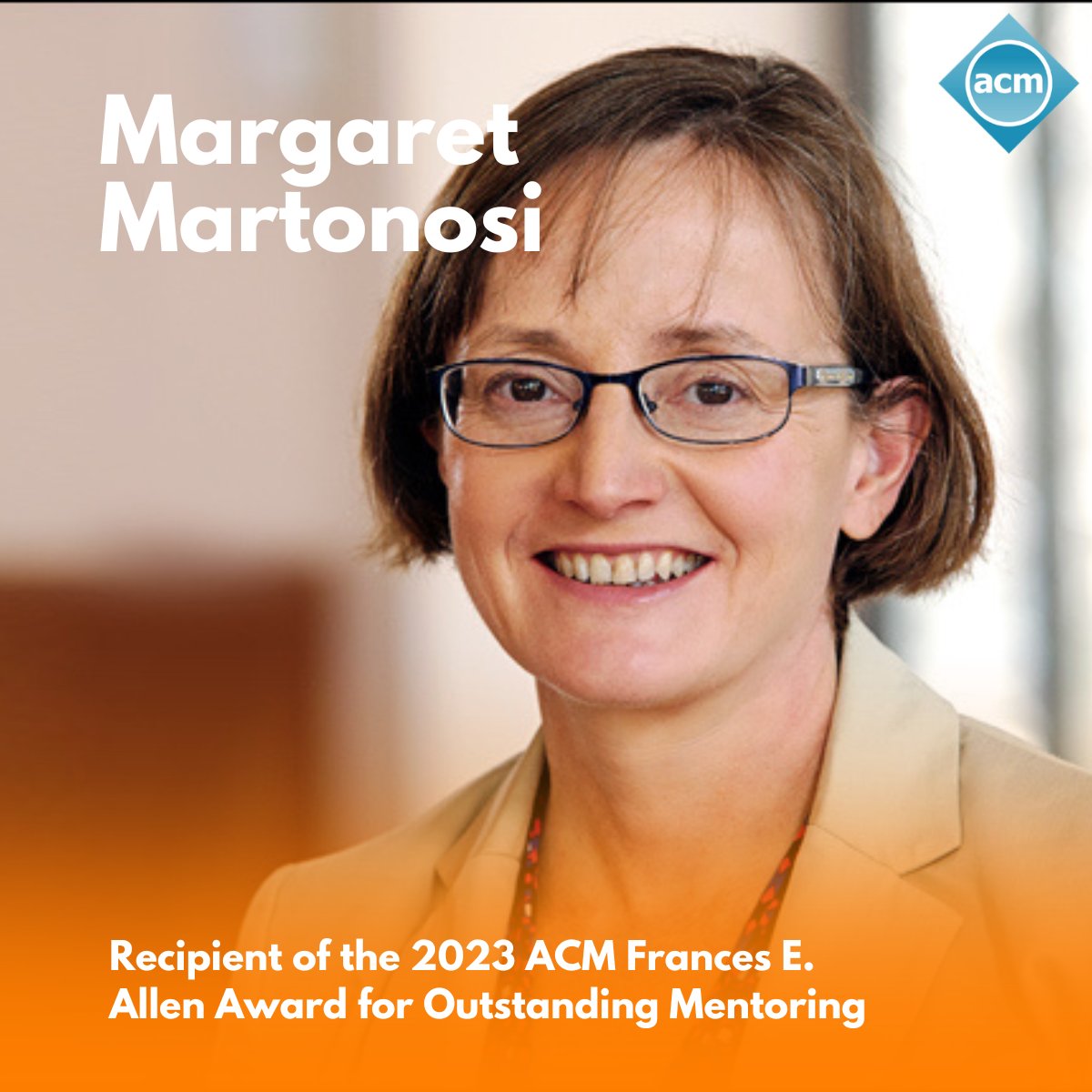 Congratulations to Margaret Martonosi, recipient of the 2023 ACM Frances E. Allen Award for Outstanding Mentoring! Martonosi is recognized for far-reaching mentoring at @Princeton , in computer architecture, and to the broader computer science community. bit.ly/3KCcyJ1