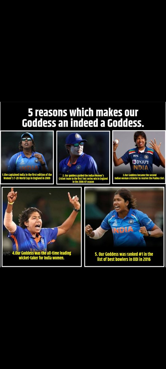 These are 5 reasons which makes Our Goddess an indeed a Goddess 🔥❤️
@JhulanG10 ✨

#JhulanGoswami #GoddessOfCricket #Cricket #indianCricket #Legend #Inspiration #FastestBowler 

( Jhulan Goswami , Goddess Of Cricket , Legend , Cricket , Indiansquad , Fastest Bowler )