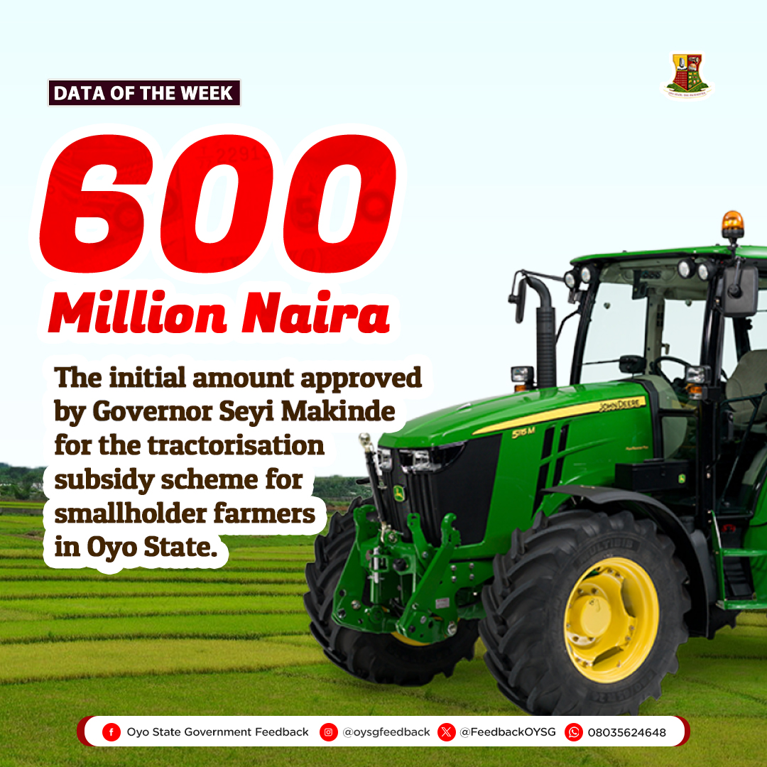 The Oyo State Land Tractorisation Subsidy scheme will subsidise the cost of clearing of farm lands owned by smallholder farmers by covering 50% of the cost. This is in line with the agreement reached with smallholder farmers at a stakeholders’ meeting on 29 February 2024.