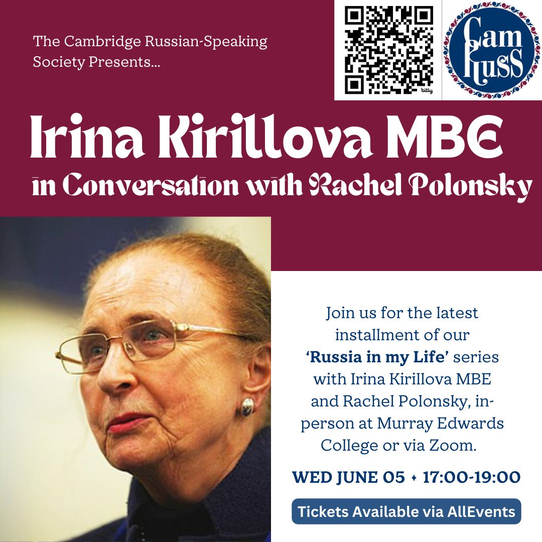 Less than a week to go until our next event: Irina Kirillova MBE in conversation with Rachel Polonsky. We can't wait to hear about the role Russia has played in Irina's life! Tickets available here: bit.ly/4bNpgSs 
#russia #cambridge #LiteraturePosts #translation