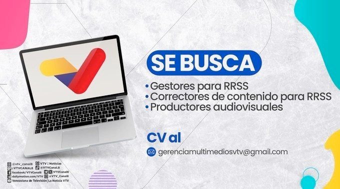 #EMPLEO💻| ¡Únete a nuestro equipo de profesionales! Estamos en la búsqueda de: 

📌Gestores para RRSS.

📌Correctores de contenido para RRSS.

📌Productores audiovisuales.

Forma parte de nuestro equipo de Multimedios VTV.

#UnidosDeCorazón