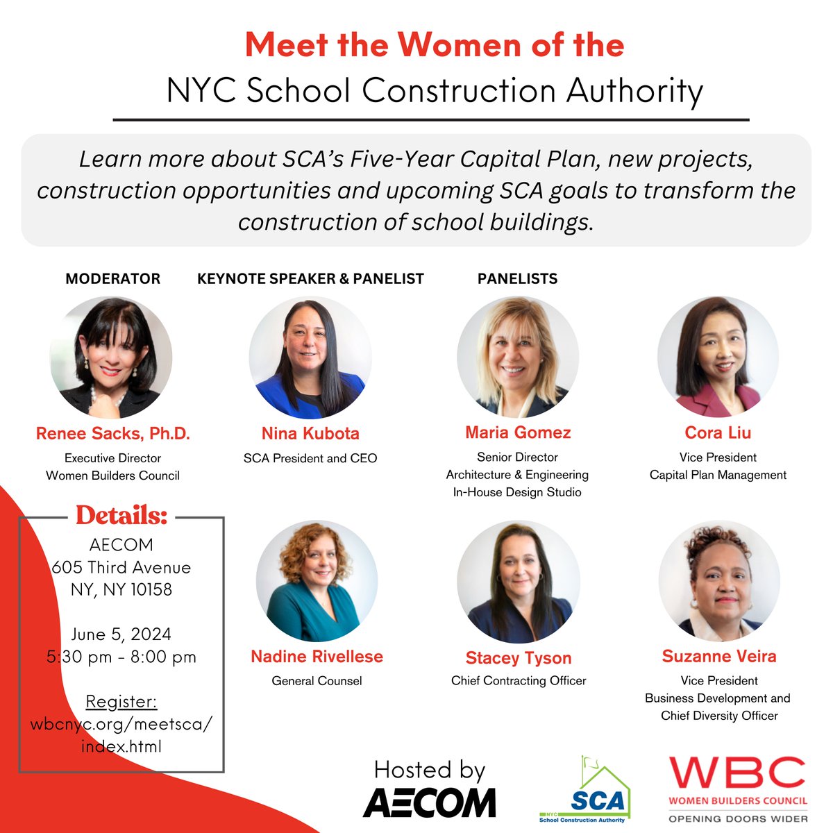 Meet the Women of the SCA! Learn more about the SCA’s Five-Year Capital Plan, new projects, construction opportunities and our upcoming goals to transform the construction of school buildings. See you there! wbcnyc.org/meetsca/index.…

#WomeninConstruction #MeettheWomenoftheSCA